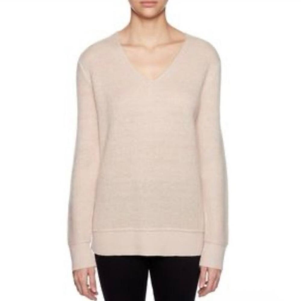 Magaschoni Beige Mohair Wool Blend V Neck Knit Sweater Soft Neutral Minimalist